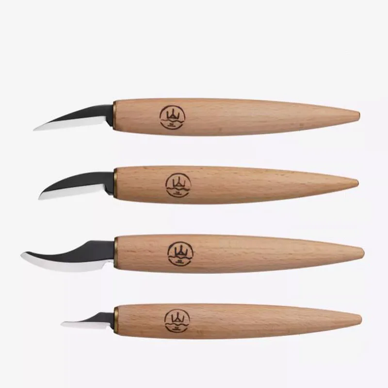 Woodworking Beginner Tools Thickness 1.8mm High Carbon Steel Blade with Beech Wood Handle Hand Carving Knife Set of 4