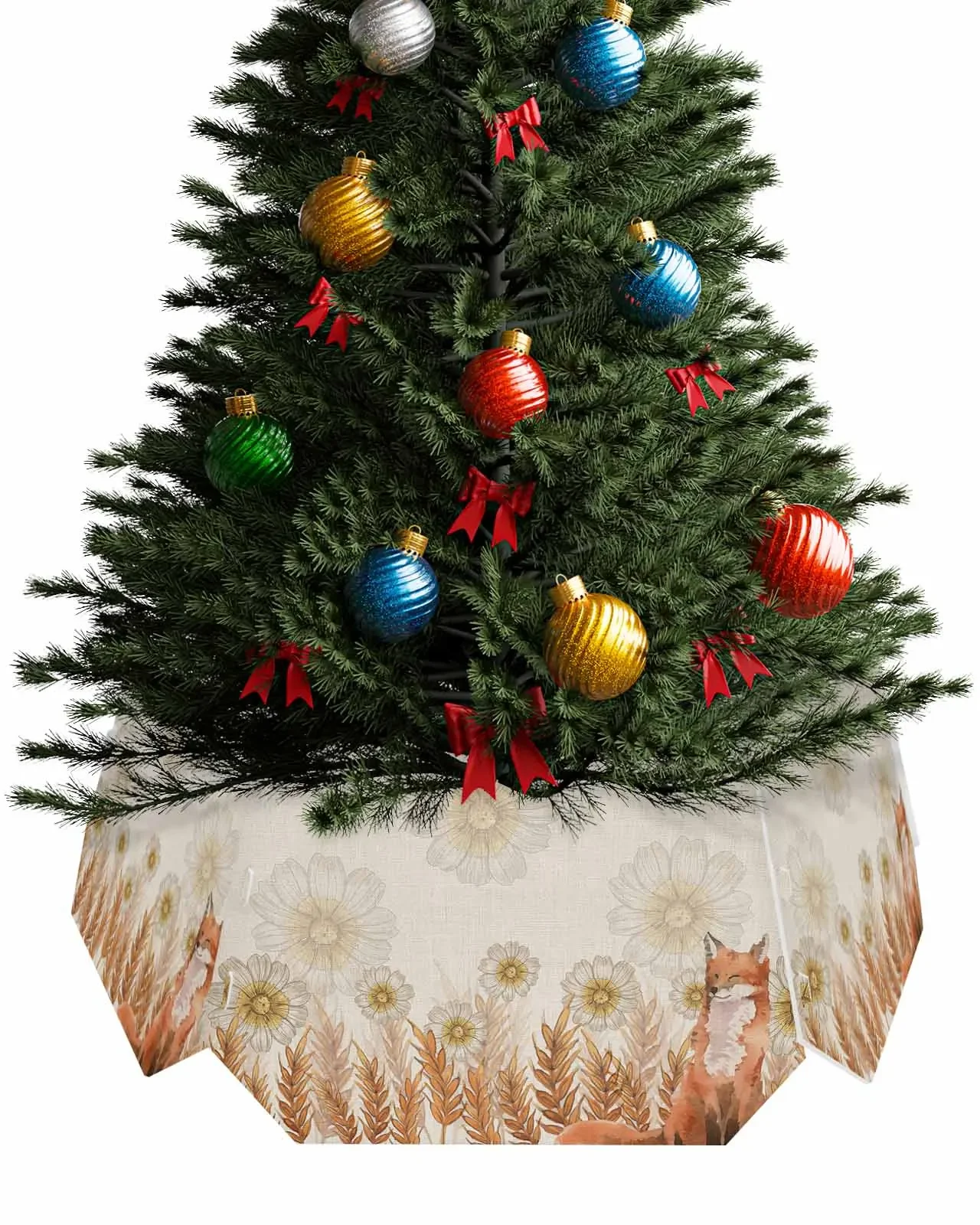 Wheat Ear Daisy Fox Christmas Tree Creative Printed stereoscopic Tree Bottom Decoration Festival Party Tree Skirt