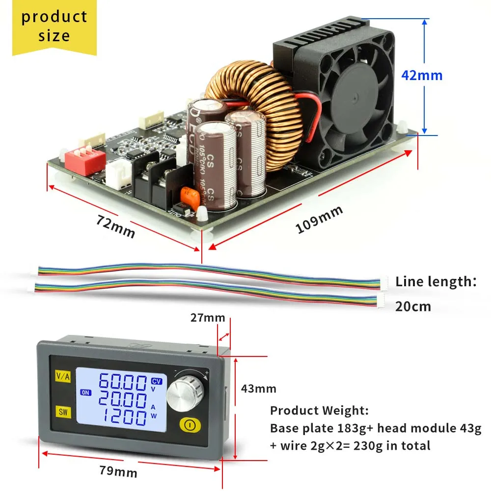 LCD Display CNC Adjustable DC Supplys Base Plate Constant Voltage and Current 20A 1200W Step-down Module