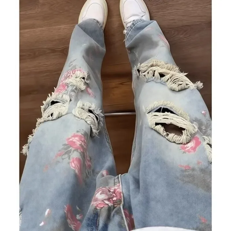 

Джинсы с цветочным принтом розы, мужские летние универсальные брюки в американском стиле ретро, свободные широкие брюки-клеш в ленивом стиле