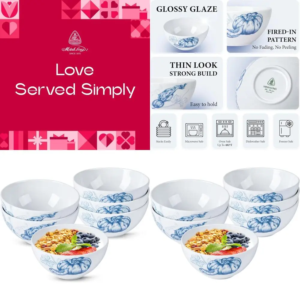 

Set of 6 Blue and White 17 Oz Porcelain Soup Bowls, Ideal for Thanksgiving, Cereal, Breakfast, Salad, Dishwasher and Microwave S