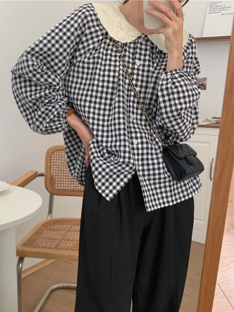 Retro Chic Embroidered Ruffle Collar Patchwork Plaid Long Sleeve Women's Shirt Korean Style Commute Fashion Autumn New Arrival