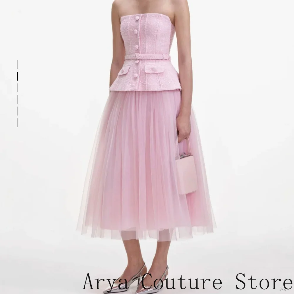 Elegant Pastel Pink Formal Midi Gown Strapless Textured Tweed Top Button Decor Peplum Waist Design Soft Pleated Tulle Skirt