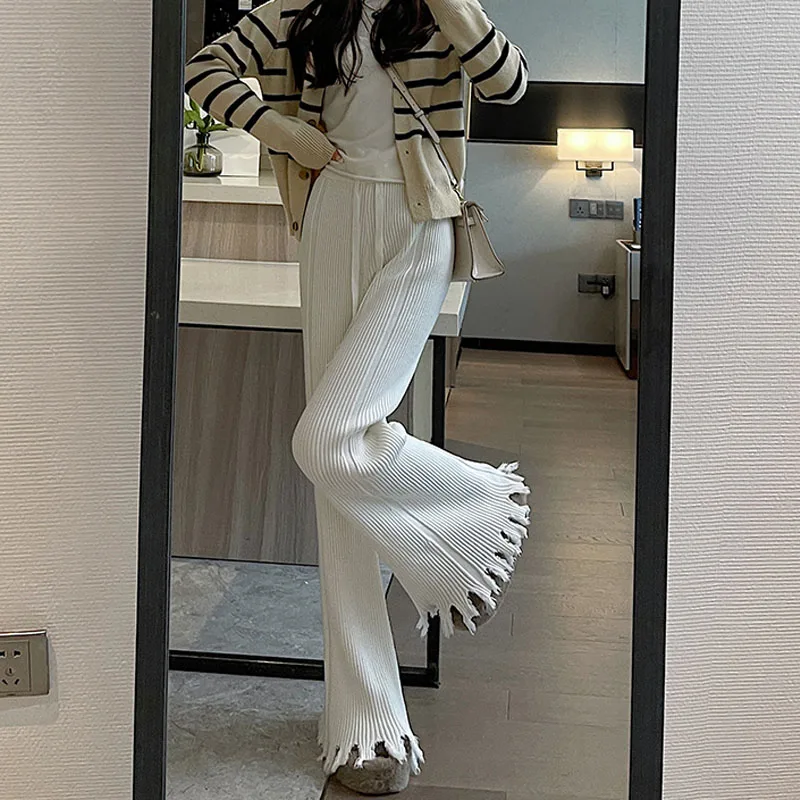Knee-Length Knitted Wide Leg Pants Women's Spring Autumn Chic Flared Pants Small Stature Casual Long Pants Korean Sle