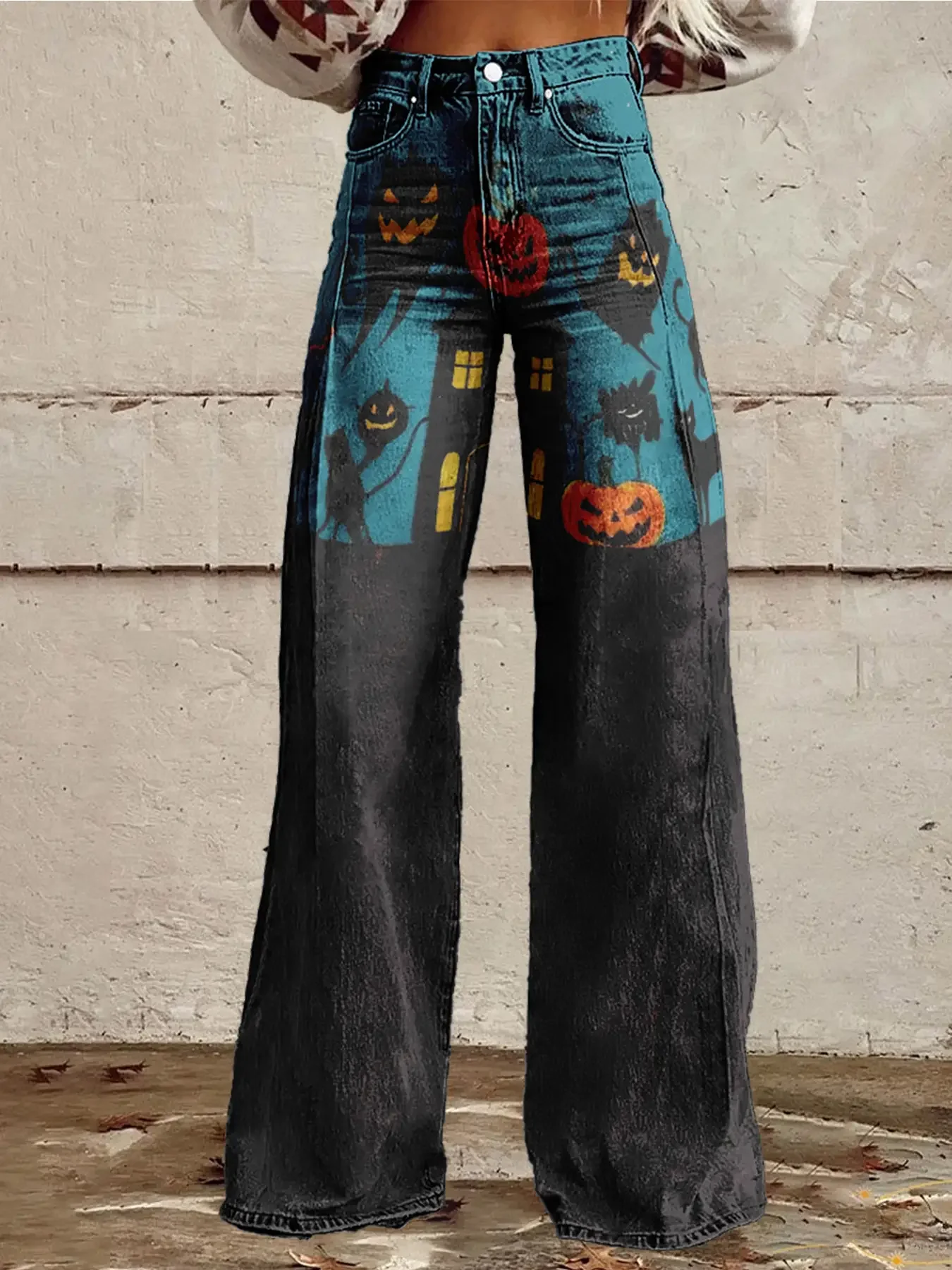 Women's imitation jeans printed with various high waisted flared pants, retro fashion, high and slim, versatile women's jean