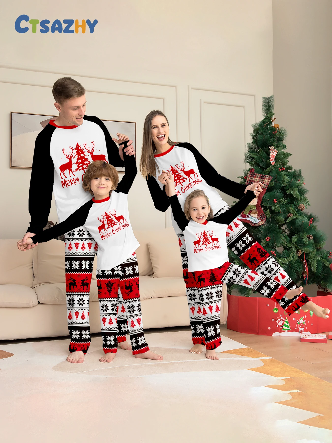 

Family Matching Xmas Sleepwear - Black - White Reindeer - Printed Tops & Patterned Bottoms