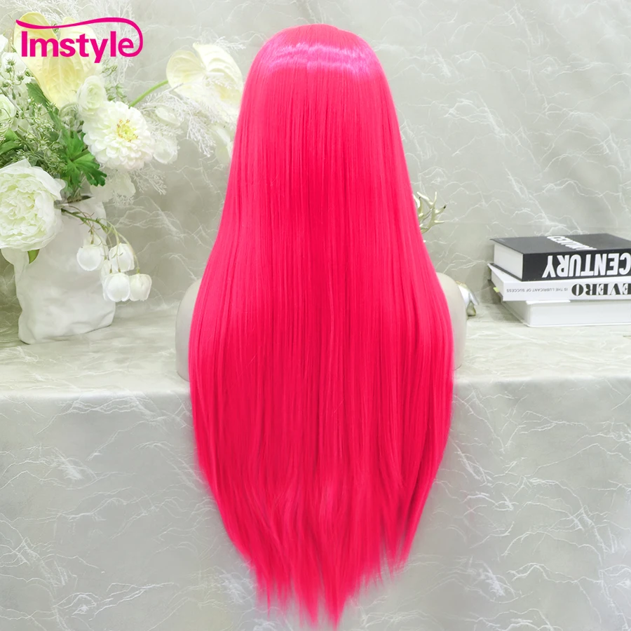 Imstyle Hot Pink Wig Synthetic Lace Front Wig Straight Long Blue Wig for Women Cosplay Wigs Party Natural Hairline Neon Pink Wig