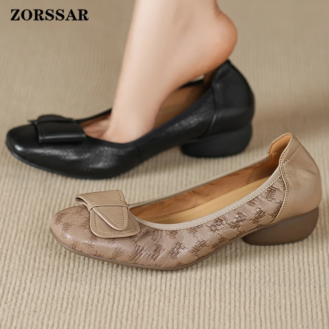 

Women's Sheepskin Sweet Bowtie Decoration Square Toe Slip-on Flats 3cm Thick Low Heel Casual Female Soft Comfortable Walk Shoes