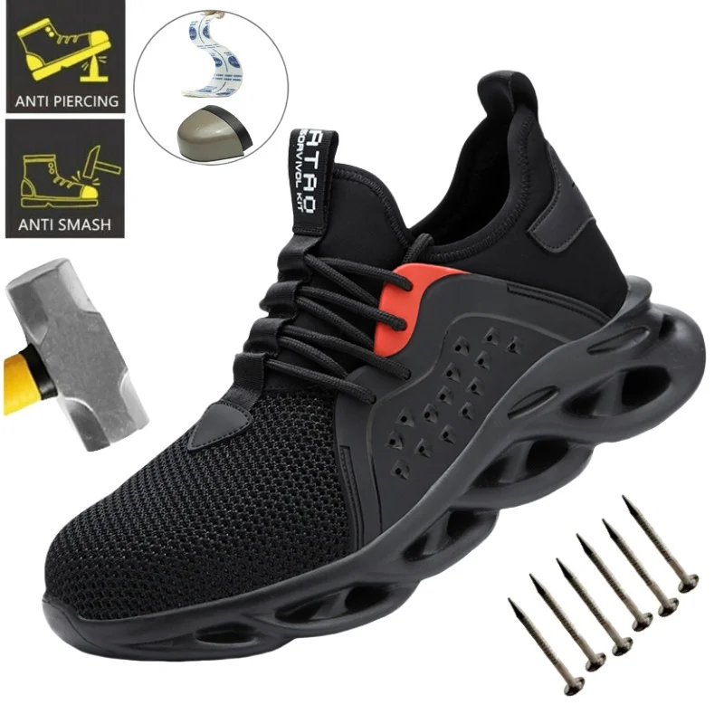Steel-Toe Lightweight Breathable Men's Sneakers, Puncture-Resistant Anti-Slip Safety Shoes, Lightweight Protective Work Boots
