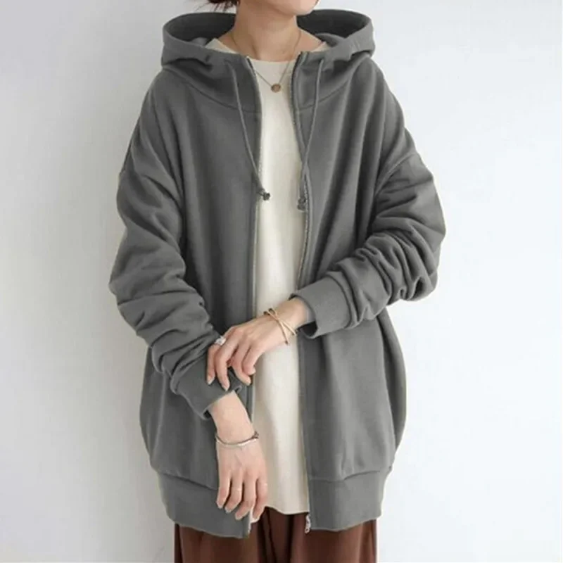 Women Thickened Warm Solid Color Hooded Sweatshirt Double Pockets Zipper Cardigan Hoodie Female Long Outerwear Trend Streetwear