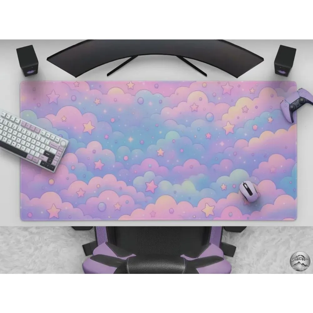 Kawaii Pastel Clouds Desk Mat, Cute Cotton Candy Clouds & Stars Mousepad, Dreamy Pastel Pink Blue Purple Gaming Mat