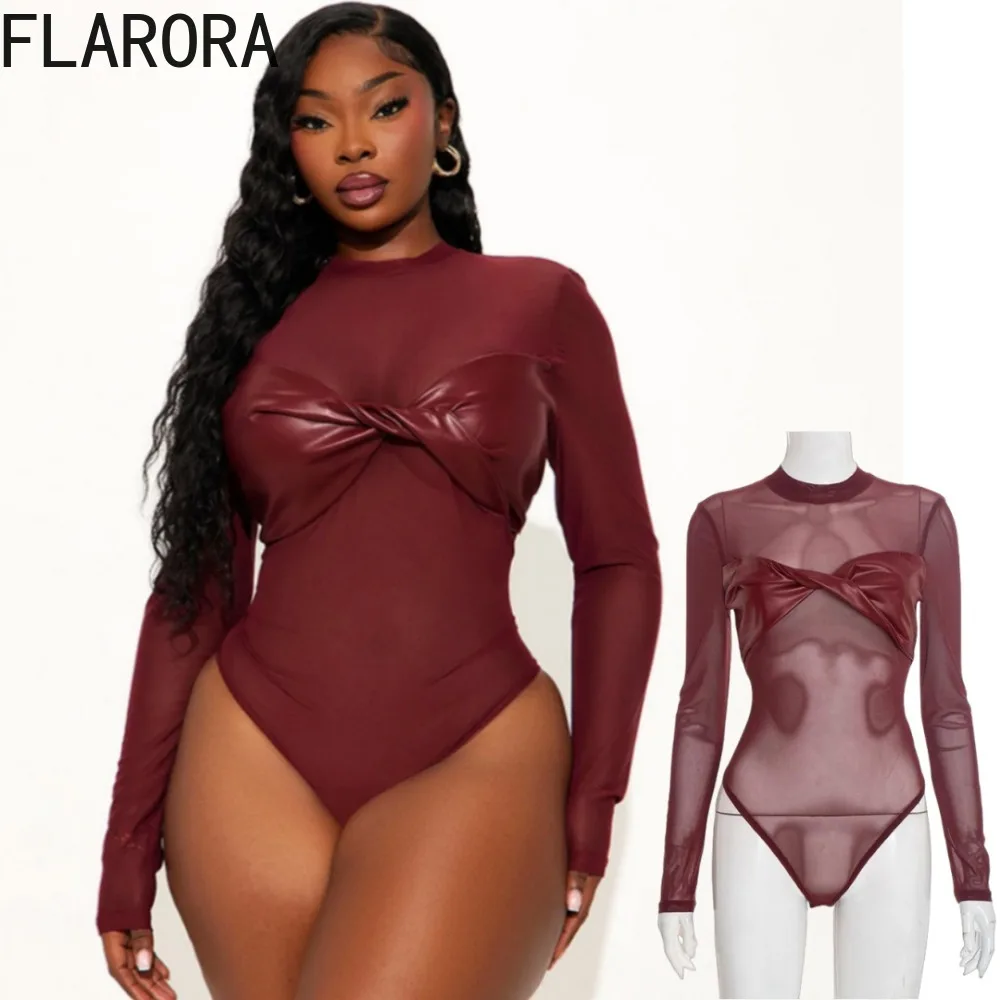 FLARORA Sexy Pu Leather Nodo Patchwork Body Donna Girocollo Manica lunga Maglia Vedere attraverso Tute Party Clubwear Body