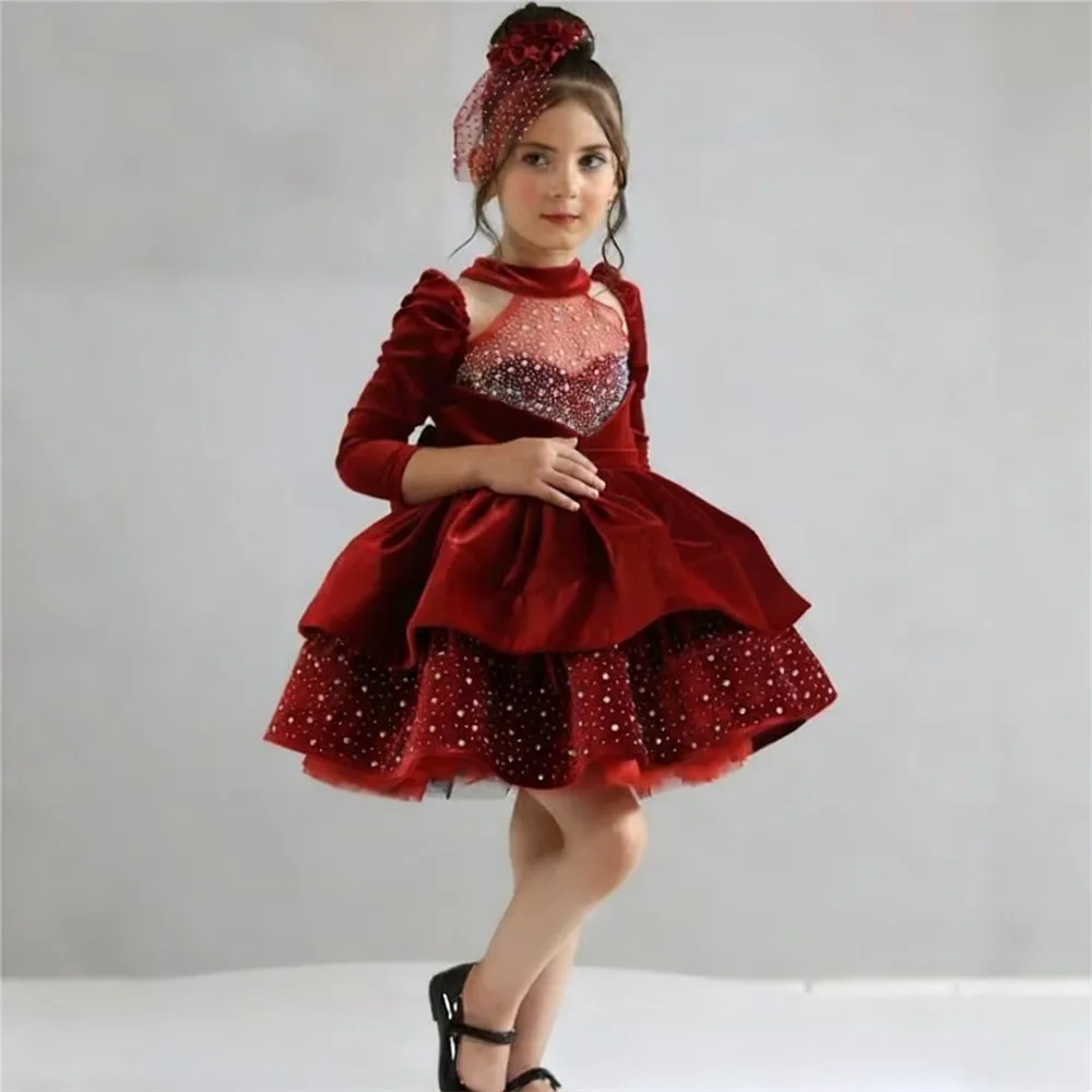 

Glitter Flower Girl Wedding Dress Beading with Bow Velvet Baby Girls Birthday Party Dress Kids Holy Communion Gown Customized