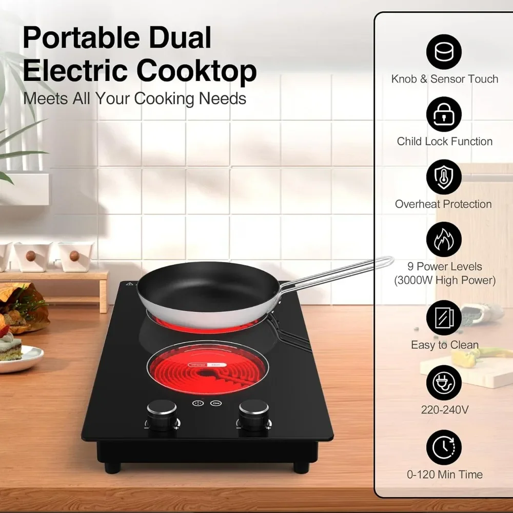 Electric Induction Cooker,12 Inch Built-in Stove Top, Child Safety Lock, LED Touch Knob Control, 2 Burner Electric Cooktop