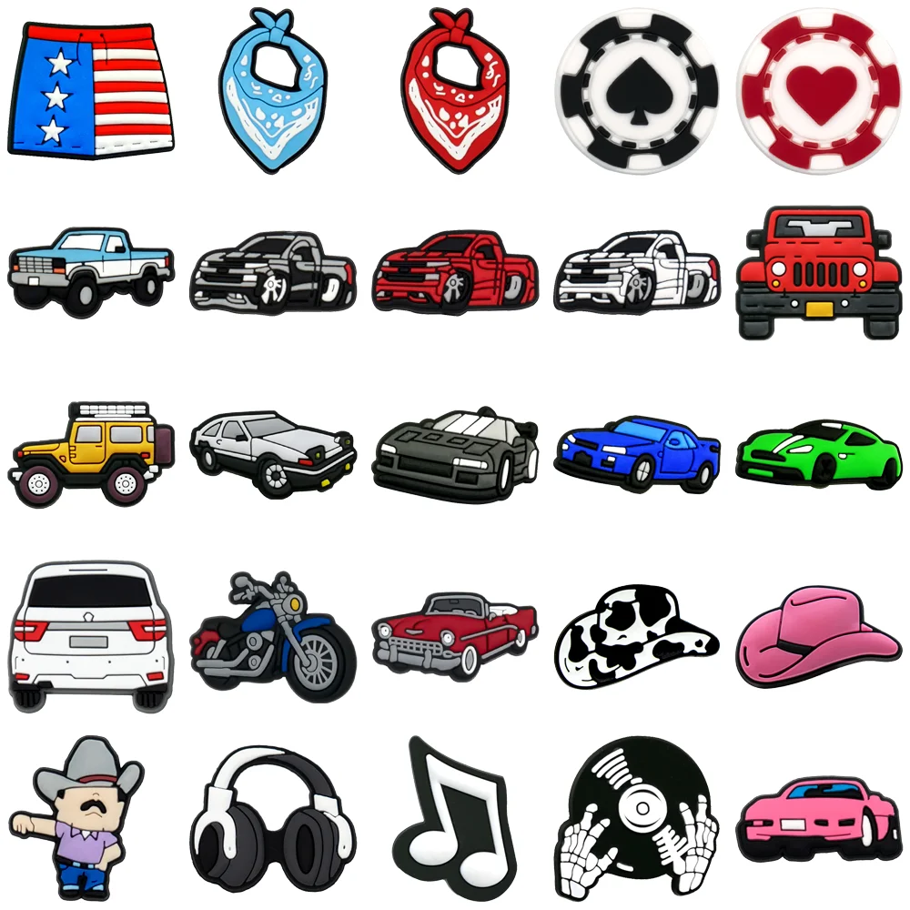 1/25PCS Poker Motorcycle Shoe Charms, Supercar Music Note Charms for Shoes, Cowboy Hats Sandals Clogs Buckles