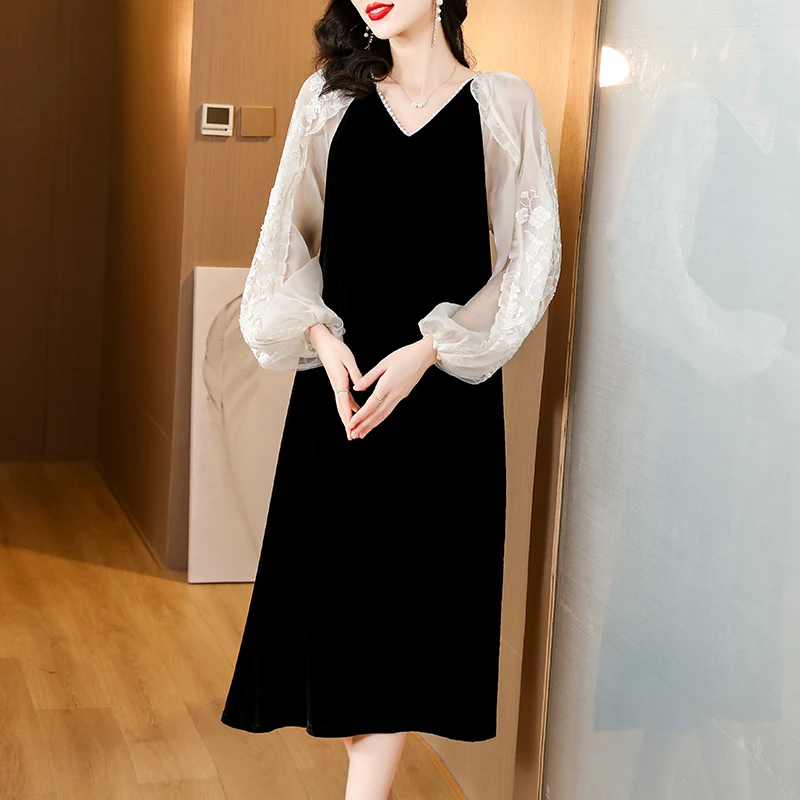 

2023 New Fashion True Velvet Dress Women's Autumn And Winter Vintage Versatile 9/4 Sleeve Loose Fit Casual Party Vestidos