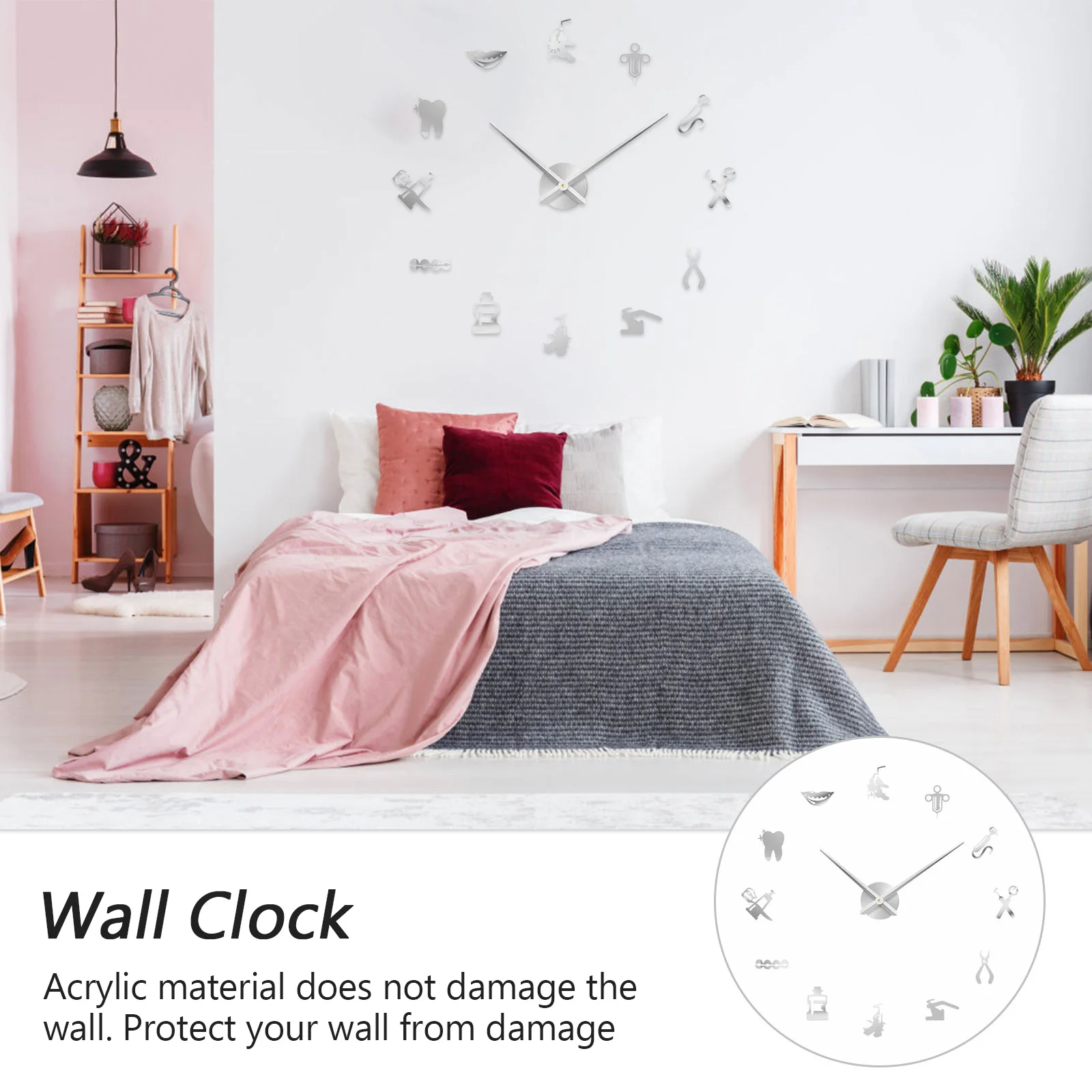 

Contemporary Acrylic Clock Oversized Silver Modern Diy Decorative Household Hanging Clock For Living Room Bedroom Wall