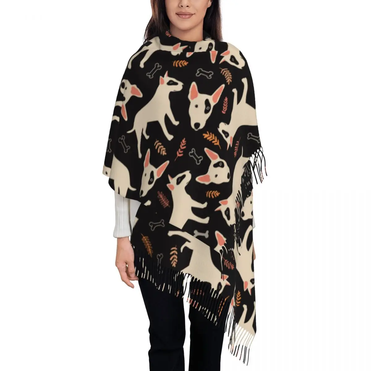 Womens Tassel Scarf Bull Terrier Long Super Soft Shawl Wrap Animal Dog Daily Wear Pashmina Scarves