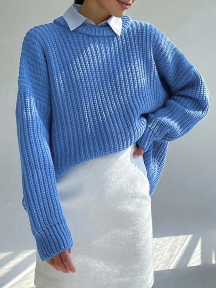 

Новинка весны и осени, вязаный женский свитер, свободные однотонные топы с круглым вырезом и длинными рукавами, женские пуловеры с ленивым ветром