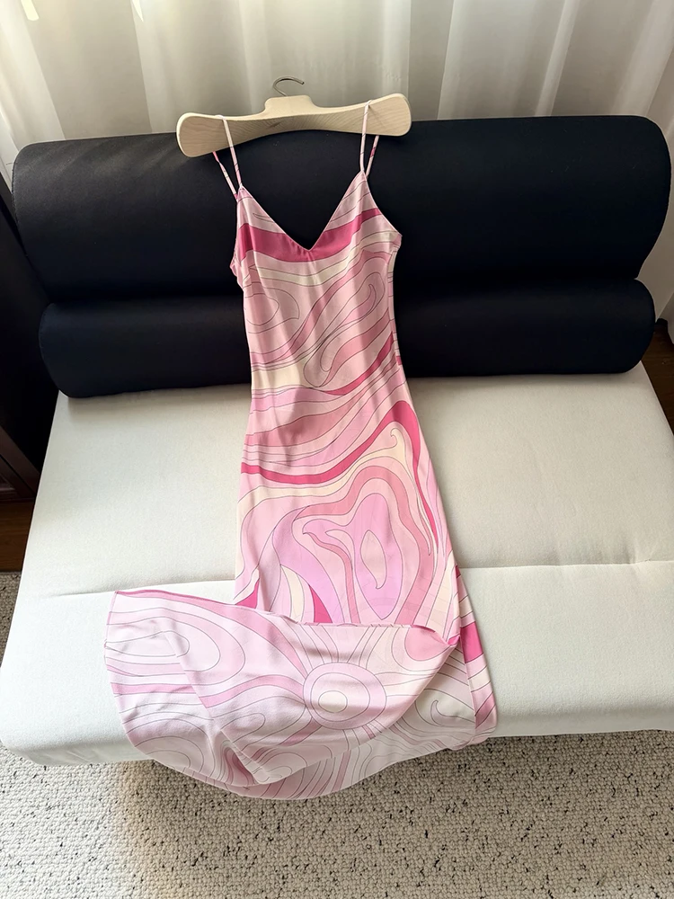 

Summer Fashion Beach Style Elegant Vintage Print Long Dress Women's Spaghetti Strap V-Neck High Waist A-Line Side Split Dress