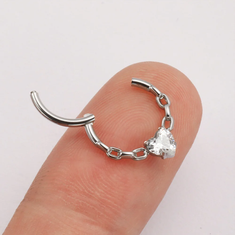 PUTITUP ASTM F136 سبائك التيتانيوم سلسلة على شكل قلب زركونيا الحاجز التوصيل موضة بأكسيد أقراط هيئة ثقب المجوهرات