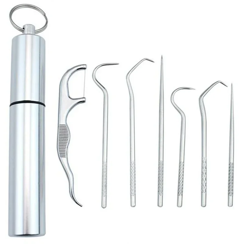 7Pcs Stainless Steel Toothpick Set Portable Oral Cleaning Tools Tooth Flossing Artifact Outdoor Picnic Camp Reusable Toothpick