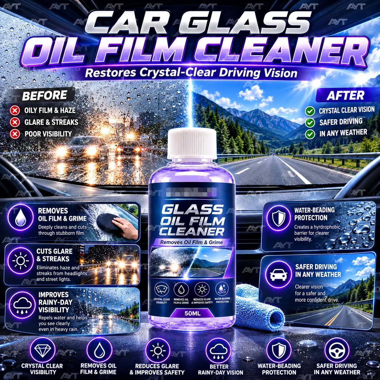 7pcs Car Glass Oil Film Remover Windshield Cleaner Car Window Cleaning Liquid Streak Free Glass Care Car Wash Detailing Supplies
