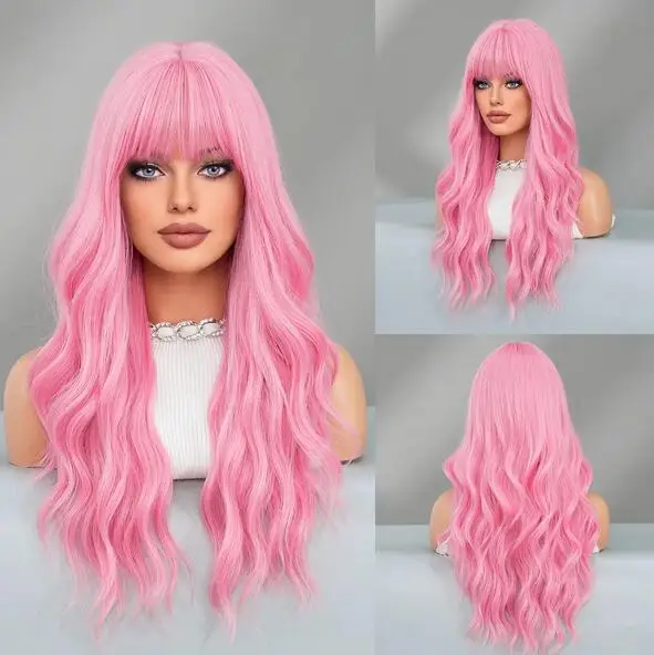 

Women's pink wig with large waves and long curly hair