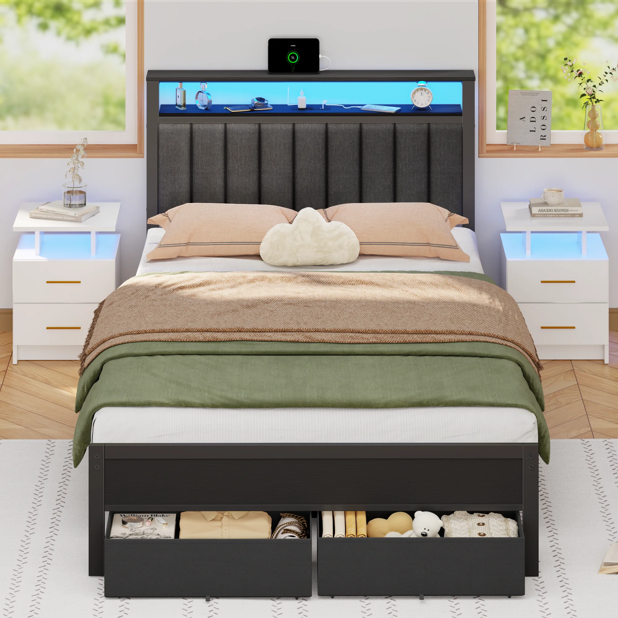 Satifur Full Bed Frames with Charging Station,LED Lights,2 Storage,Grey Upholstered Headboard with Shelves, Metal Platform Bed