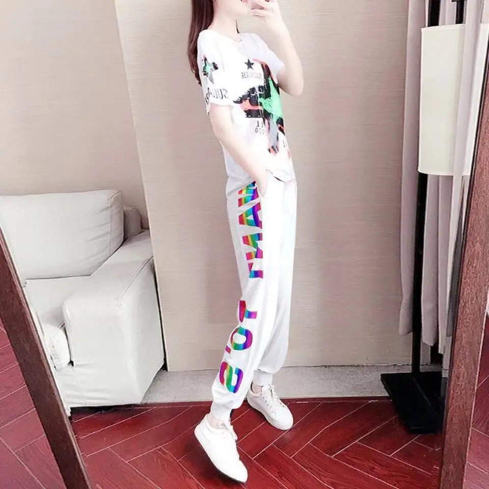 Women\'s 2023 Spring Summer New Casual Sports Suit Short Sleeved Printed T Shirt And Harem Pants Two Piece Set For Women Clothing