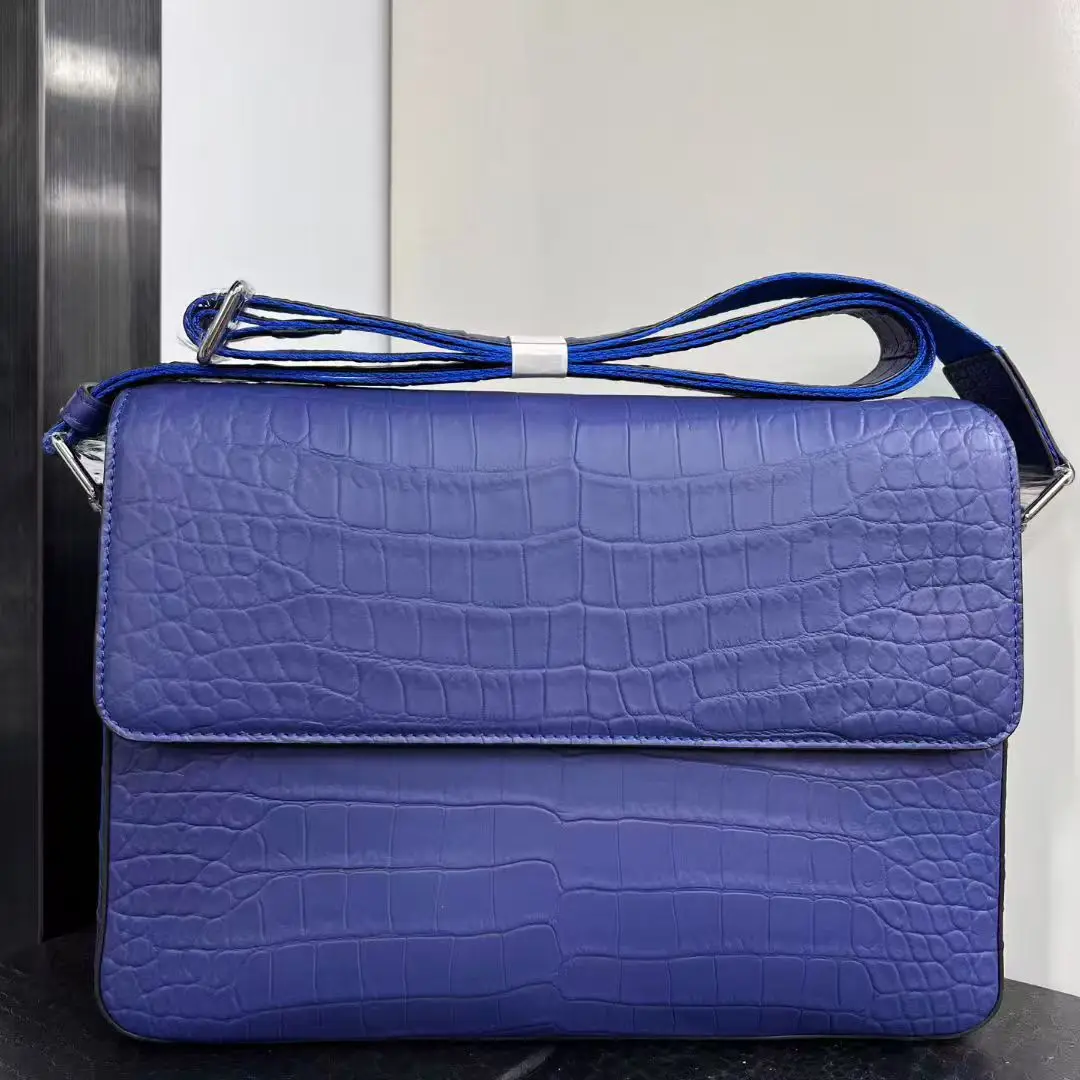 2026 new 100% genuine crocodile leather skin men shoulder cross body Messenger bag with cow skin lining sky/ocean blue color