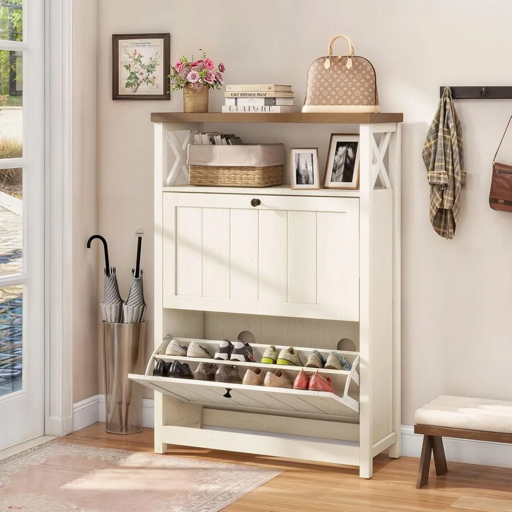 

White Shoe Cabinet Entryway: Free Standing Narrow Shoe Storage with 2 Flip Drawers