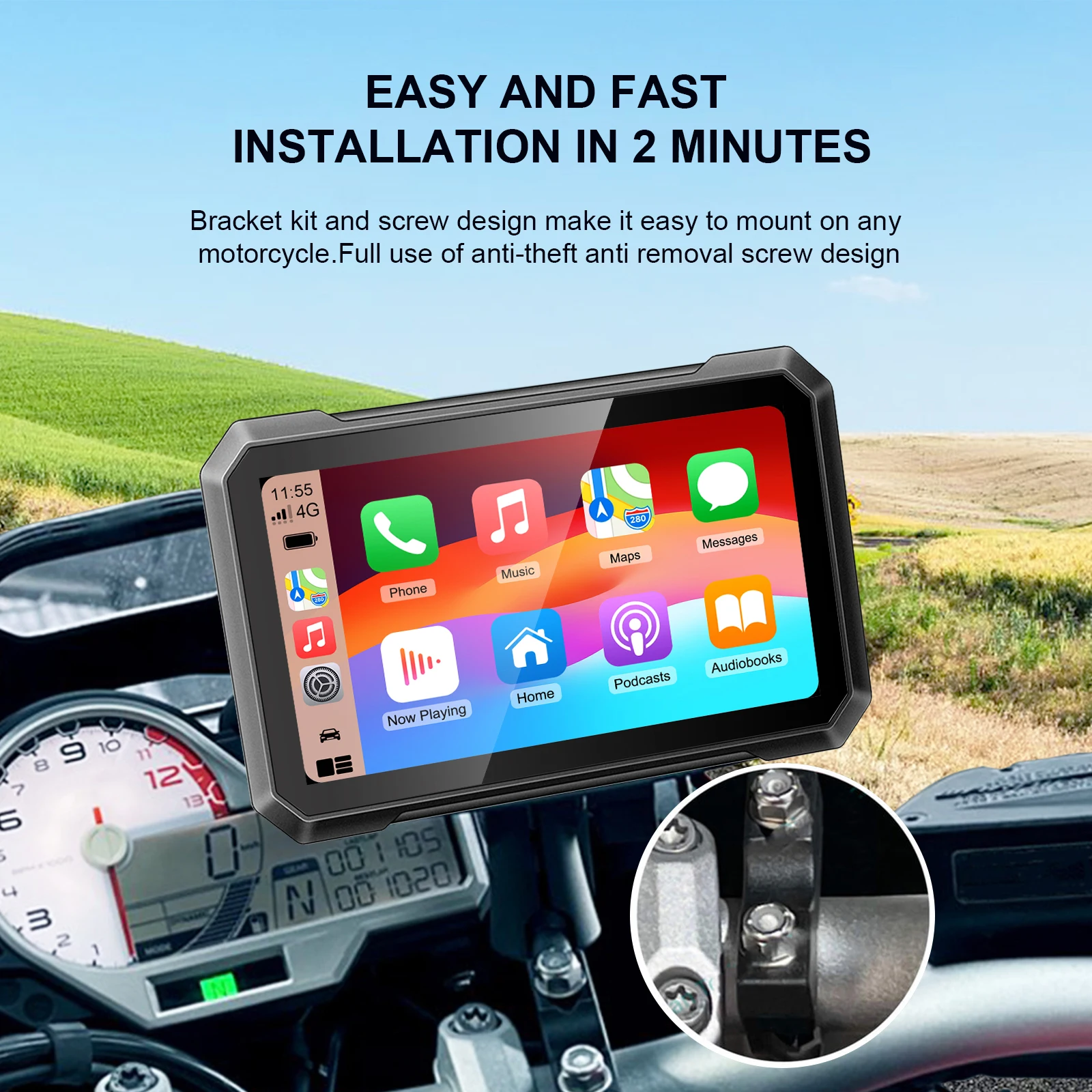 

7 inch Waterproof IPX7 External GPS Motorcycle Navigation Touch Screen Carplay Android Auto Dual Bluetooth with Light Sensing