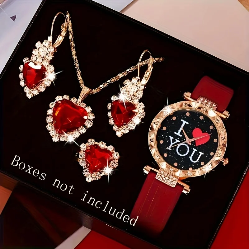 5pcs/set Women\'s Watch I Love You Heart Quartz Watch Luxury Rhinestone Analog Wrist Watch & Jewelry Set, Valentines Gift For Her