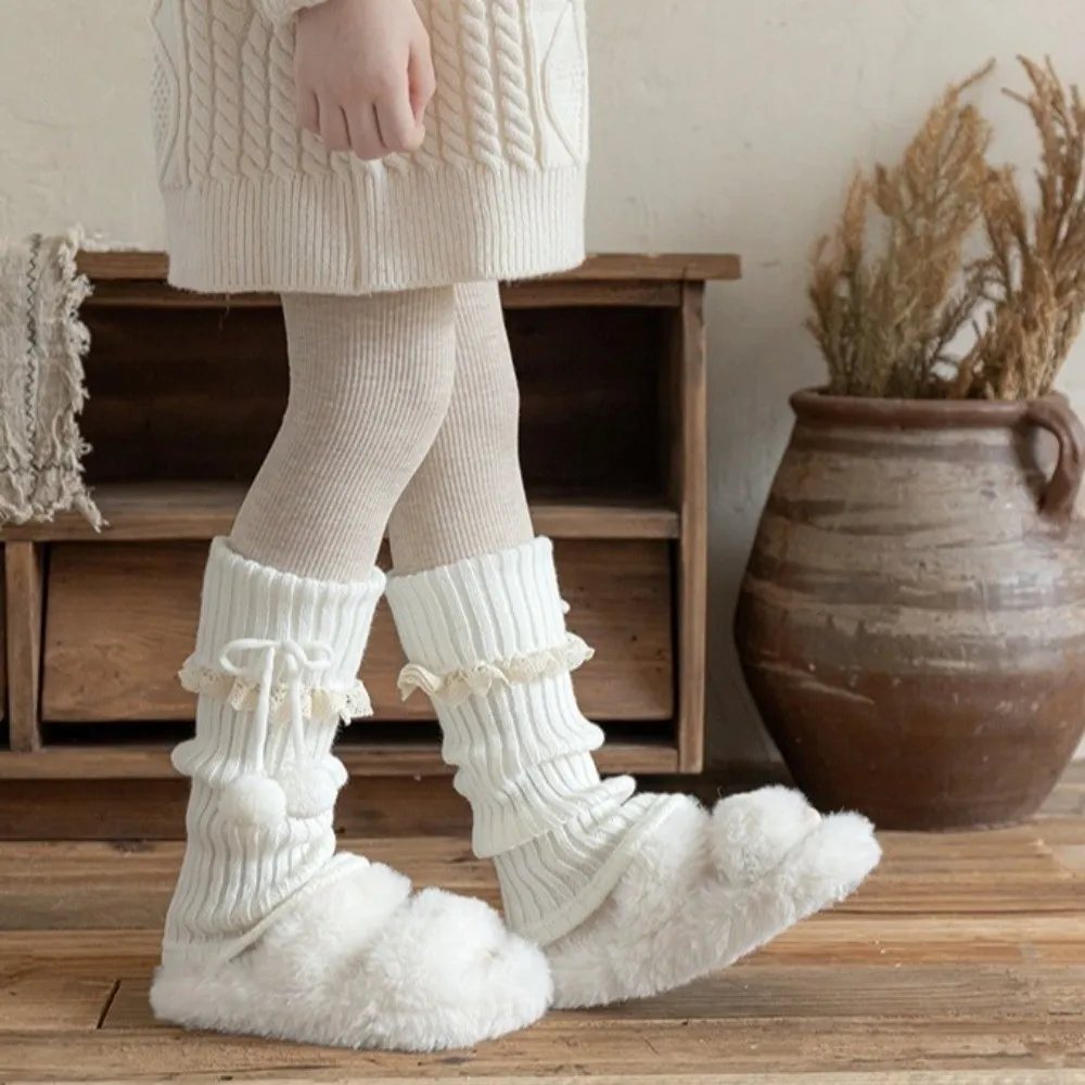 New Solid Color Leg Warmers Thickened Knitted Middle Tube Socks Bow Pompom Lolita Mid-Calf Sock Gift