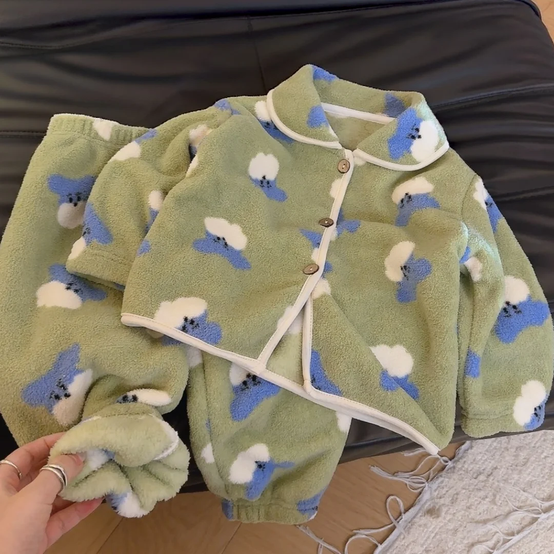 Fleece Children's Homewear Suit Cartoon Print Kids Sets and Outfits Warm Kids Pajamas Thicken Zip Up Coat& Warm Pants Set