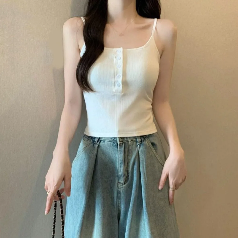 เสื้อกล้ามทรงเข้ารูป ผ้าฝ้าย สีพื้น สายเดี่ยว ครอปท็อป เสื้อซับใน เสื้อชั้นในมีฟองน้ำ สายเดี่ยวสำหรับใส่ไปทะเล