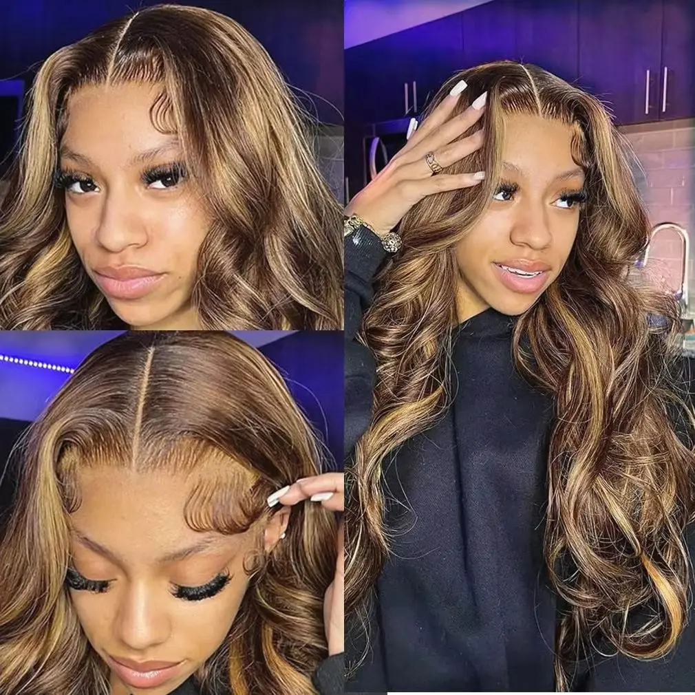Body Wave Human Hair Wigs Highlight Piano Color 200% High Density 40 Inches Long-length 13x6 13x4 HD Transparent Lace Frontal Wig P4/27 Brazilian Hair For Women Pre Plucked