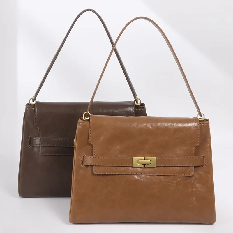 

First-layer vegetable tanned leather commuter tote bag, portable Maillard large-capacity genuine leather light luxury armpit bag