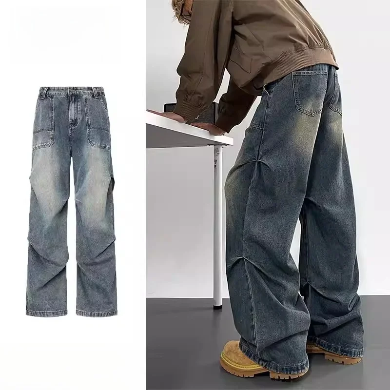 

Мужские джинсы American Waed: повседневные, свободные, прямые, с эффектом стройности, широкие штанины, с большими карманами, из полиэфирного волокна, средняя посадка на талии