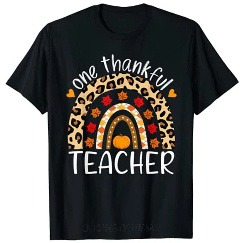 One Thankful Teacher Thanksgiving Rainbow Leopard Fall T-Shirt Woman Graphic T Shirts