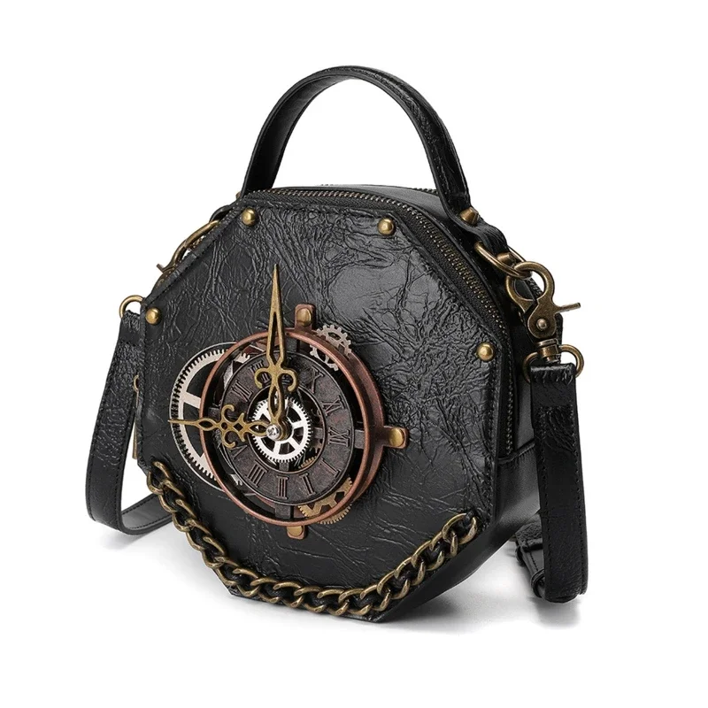 Steampunk shoulder bag retro handbag Gothic ladies rivet leather clock slung handbag