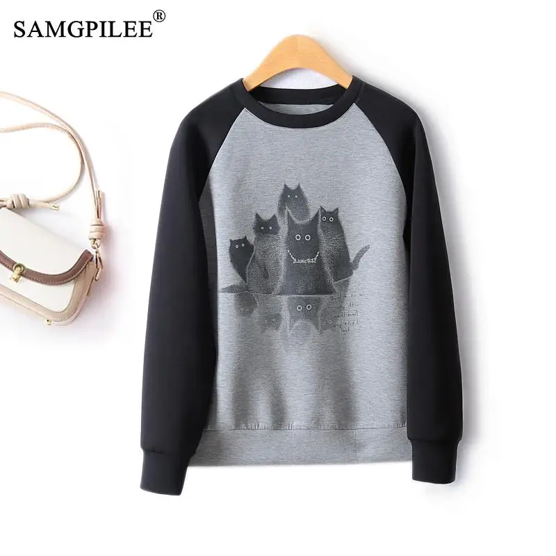 

Korean Reviews Many Clothes Fashion Women Sweatshirts Sweet Cat Cartoon Full Sleeve Retro Contrast Color Air Cotton Y2k Tops 4XL