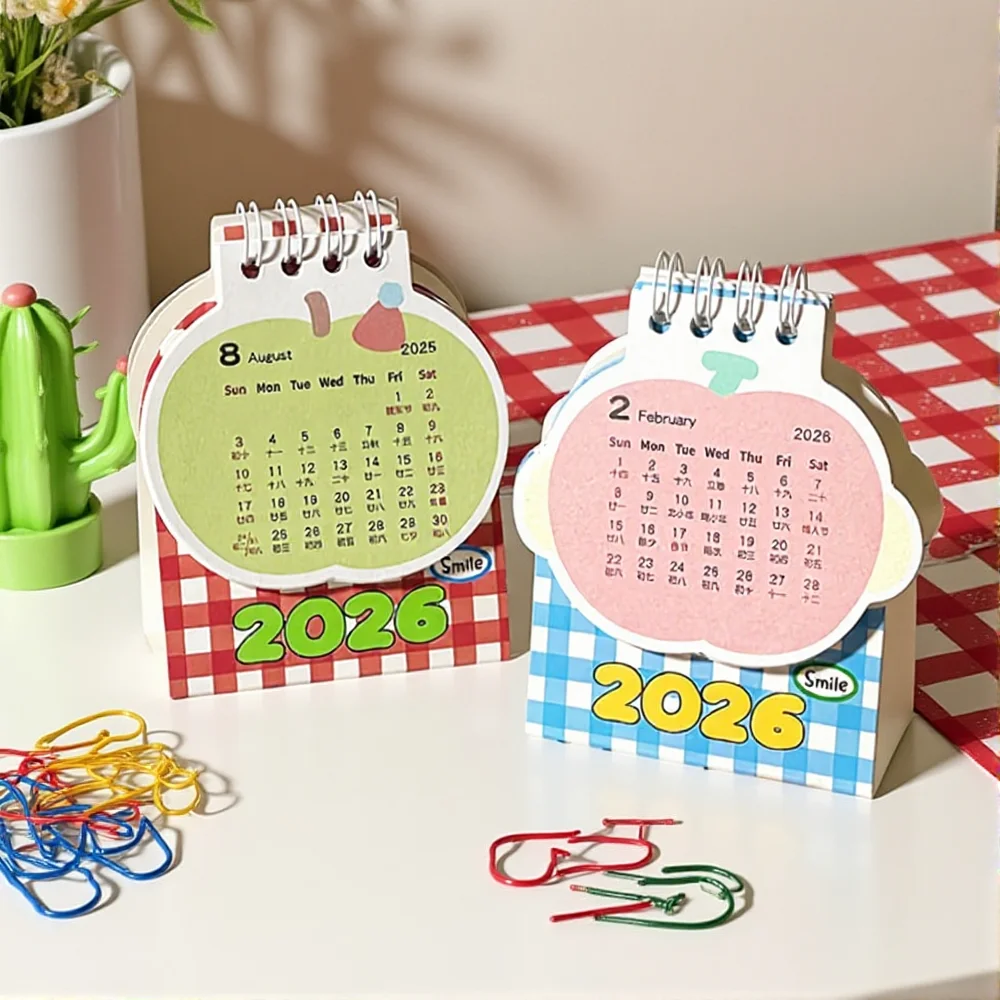 

2026 милый мини-календарь с изображением яблока и мультфильма, маленький настольный календарь, украшение для рабочего стола, креативный календарь-планировщик, офисные канцелярские принадлежности