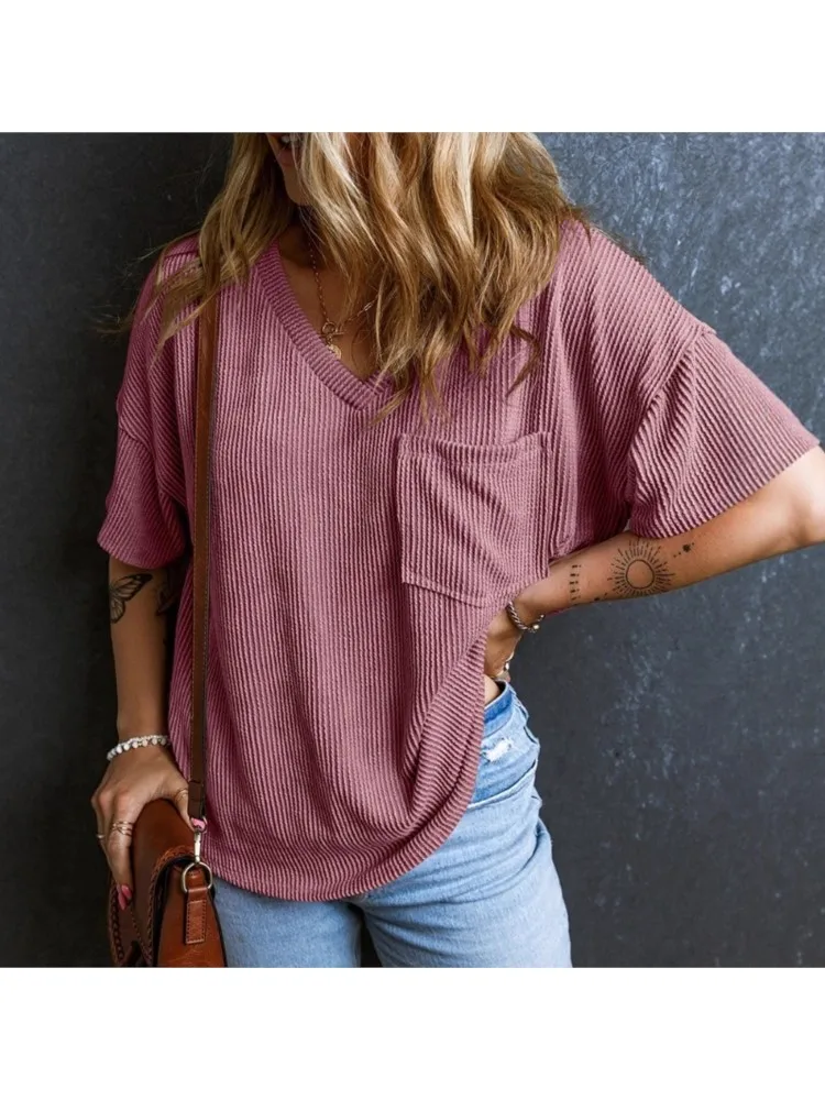 

T Shirt Tees Loose Simple Style All-match Trendy Blusas Temperament Commuting Solid Color Fashion Casual V-link Short Sleeve Top