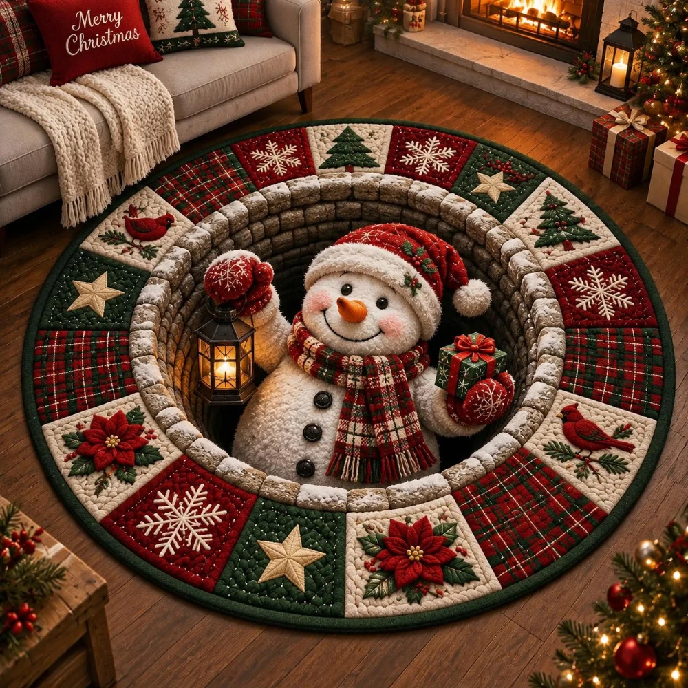 Vintage Snowman Lantern Circular Mat Winter Snowflake Plaid Pattern 3D Vortex Area Rug Poinsettia Cardinal Entrance Floor Carpet