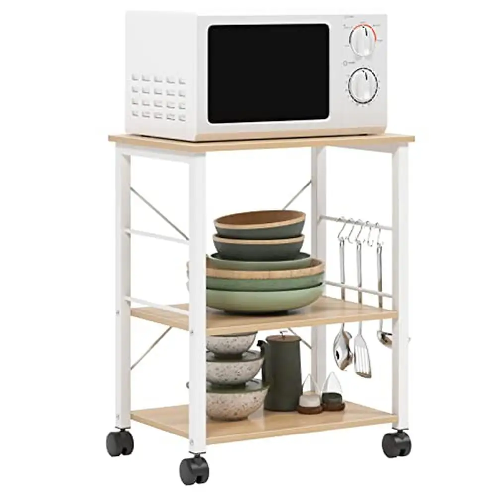 

Kitchen Baker's Rack Microwave Stand Storage Cart Workstation Shelf 3-Tier Utility Cart with Hooks Lockable Wheels"D x 23.6"W x