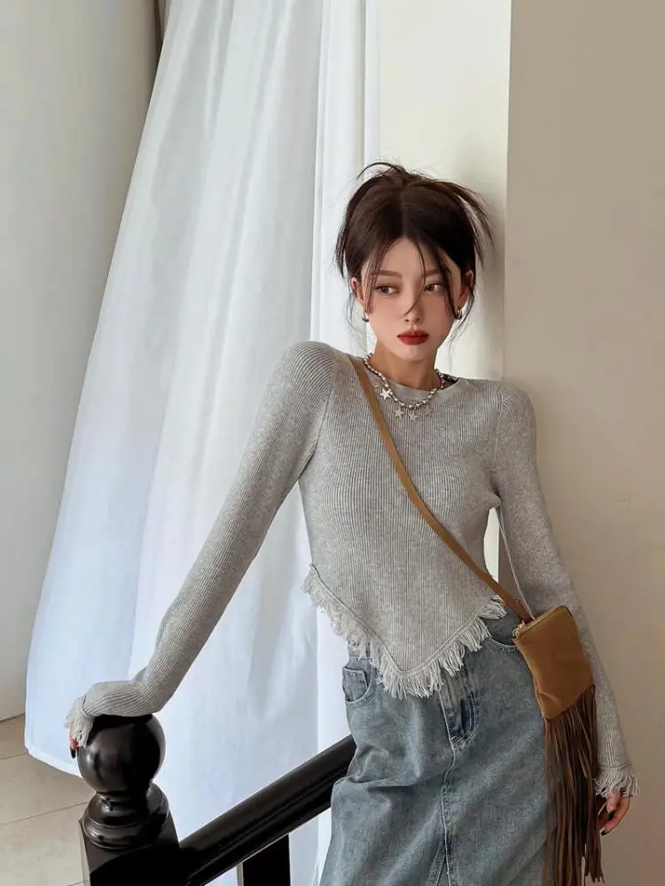 Tonngirls Korean Style T Shirt Women Knitted Long Sleeve Shirt Tassel Y2k Vintage Tee Tops Streetwear Tshirts  E Girl Crop Tops