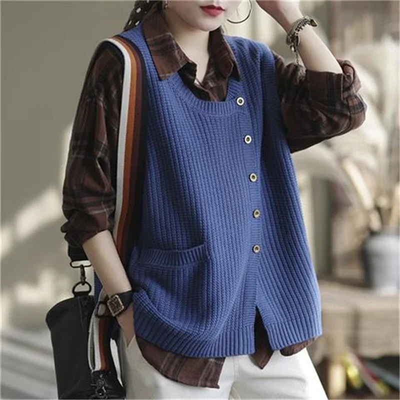 

Women Round Neck Single Breasted Sleeveless Knitted Cardigan Vest Casual Solid Loose Pocket All Match Waistcoat Clothes Z293