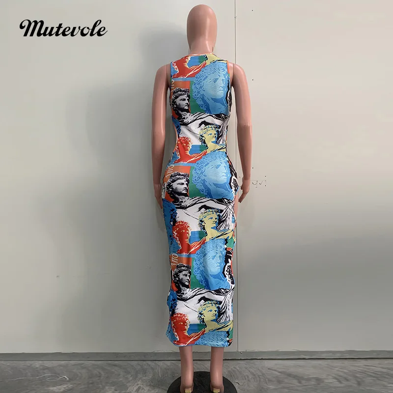 Mutevole Sommer sexy aus geschnitten ärmelloses langes Kleid Frauen Patchwork Print Loch Bodycon Sommerkleid